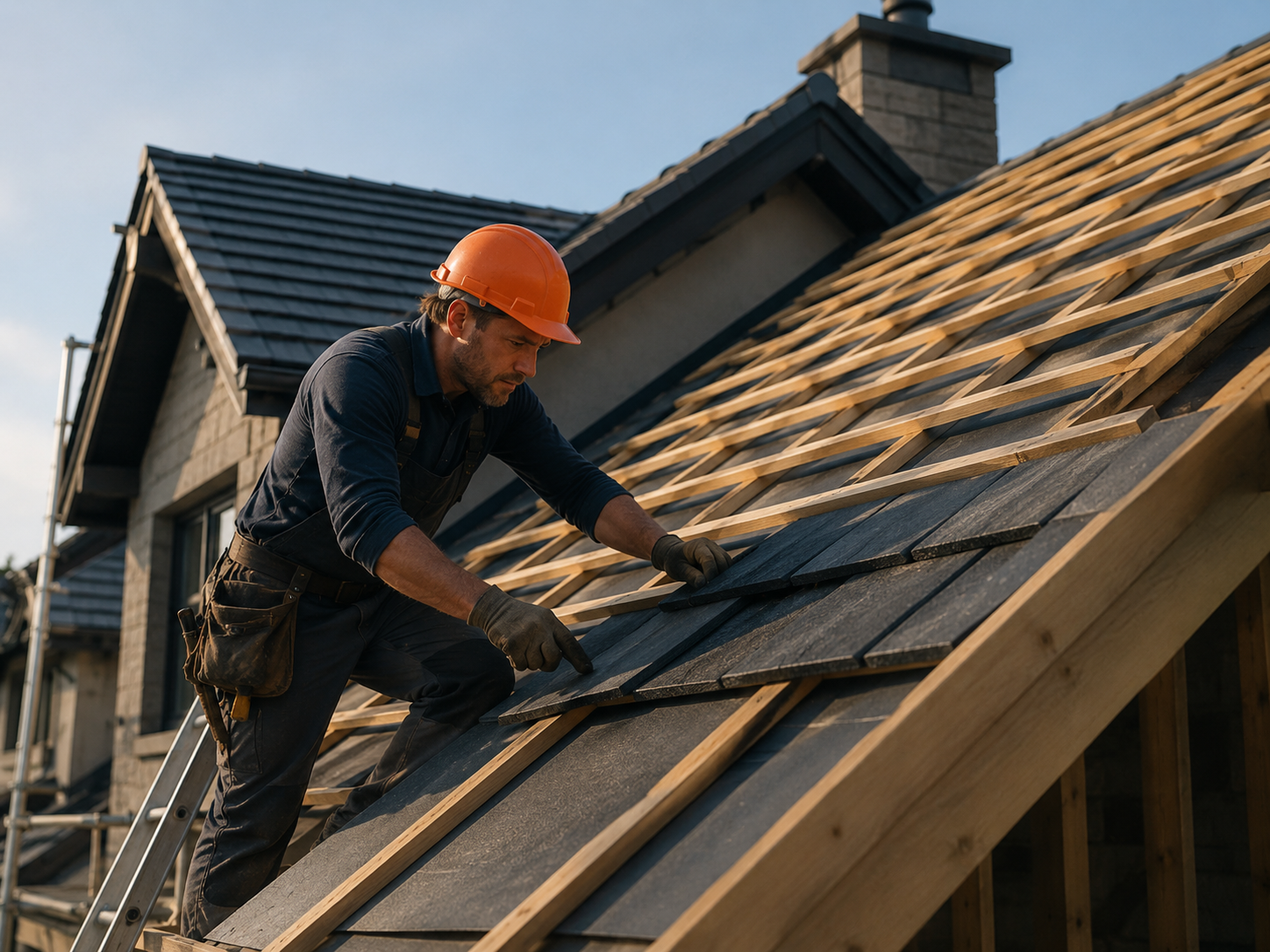 Roofer inspecting a leak point on a residential roof