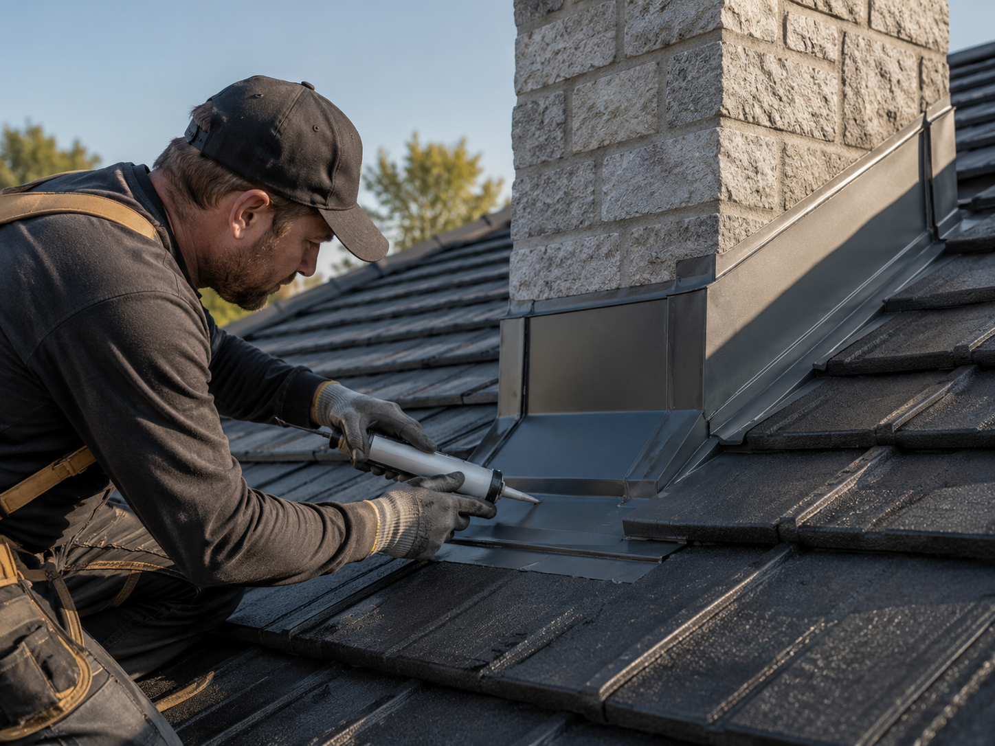 Close-up of replaced ridge capping and pointing on a tile roof